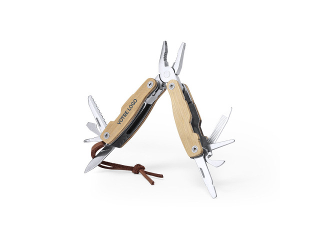 Pince multi outils 12 fonctions en acier inox et bambou personnalisable