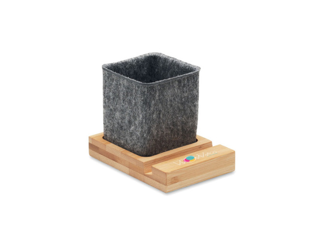 Pot à stylos en feutrine RPET avec base bambou et support téléphone personnalisable