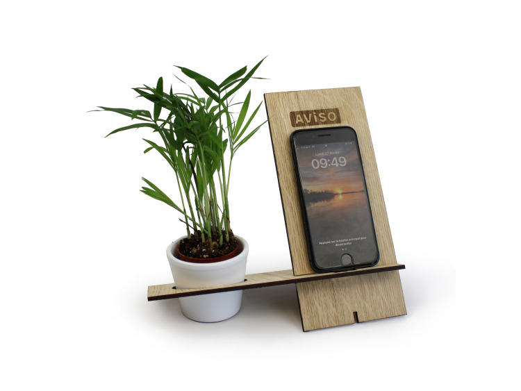 Support t&eacute;l&eacute;phone bois avec plante personnalisable